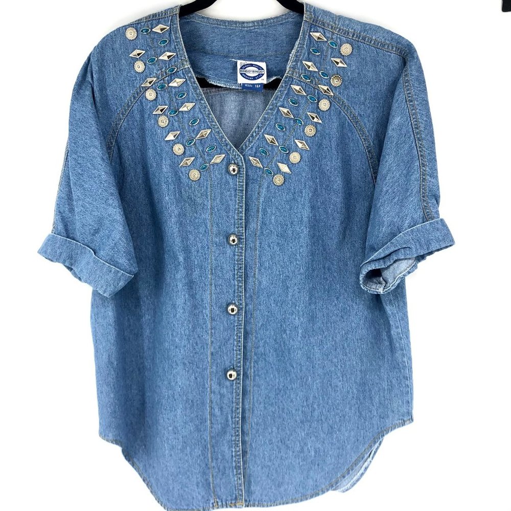Vintage Denim Button Top Silver Turquoise 16 P
